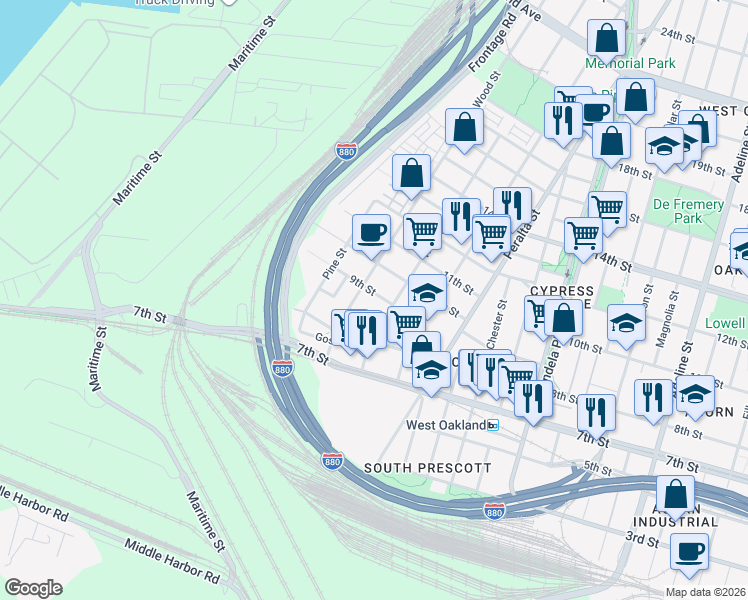 map of restaurants, bars, coffee shops, grocery stores, and more near 864 Wood Street in Oakland