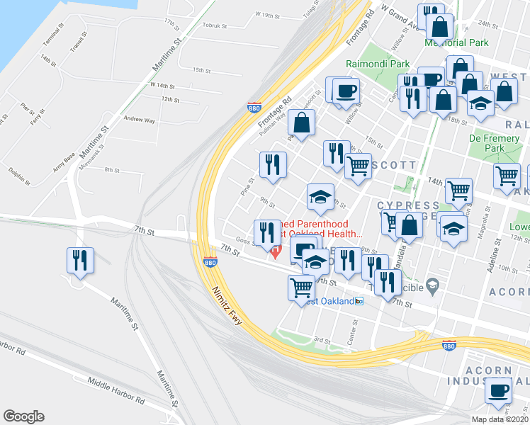 map of restaurants, bars, coffee shops, grocery stores, and more near 864 Wood Street in Oakland