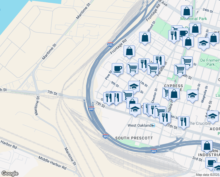 map of restaurants, bars, coffee shops, grocery stores, and more near 864 Wood Street in Oakland