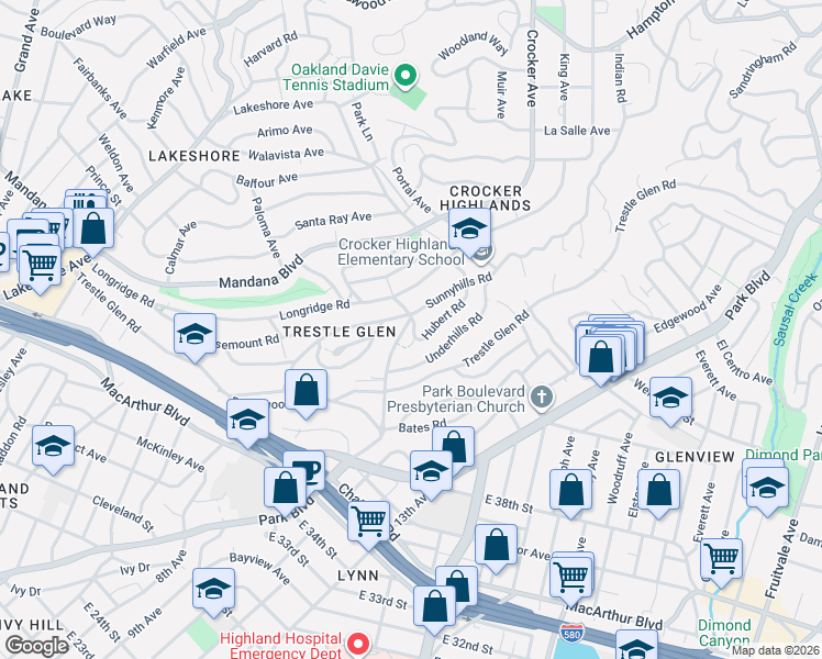 map of restaurants, bars, coffee shops, grocery stores, and more near 996 Grosvenor Place in Oakland