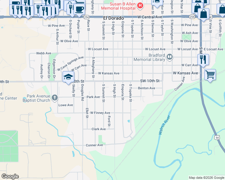 map of restaurants, bars, coffee shops, grocery stores, and more near 1003 South High Street in El Dorado