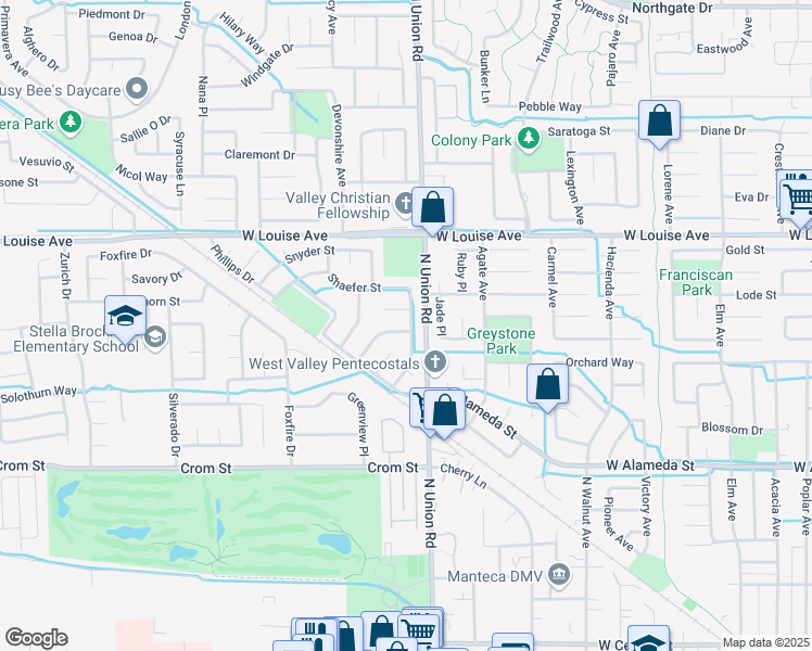 map of restaurants, bars, coffee shops, grocery stores, and more near 793 Oliver Way in Manteca