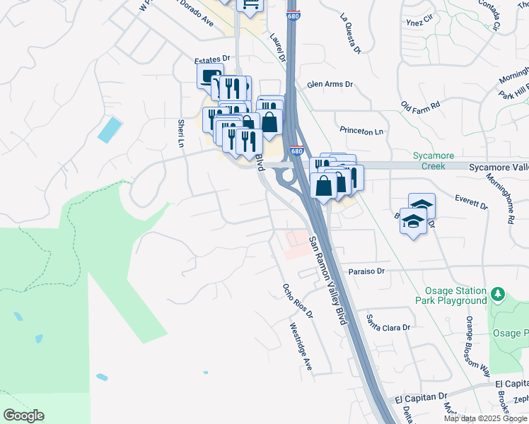 map of restaurants, bars, coffee shops, grocery stores, and more near 200 Morris Ranch Road in Danville