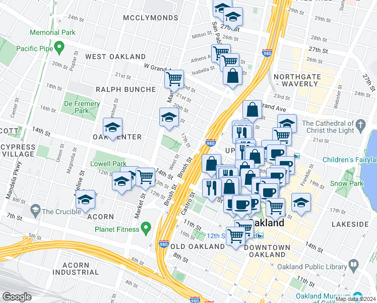 map of restaurants, bars, coffee shops, grocery stores, and more near 769 17th Street in Oakland