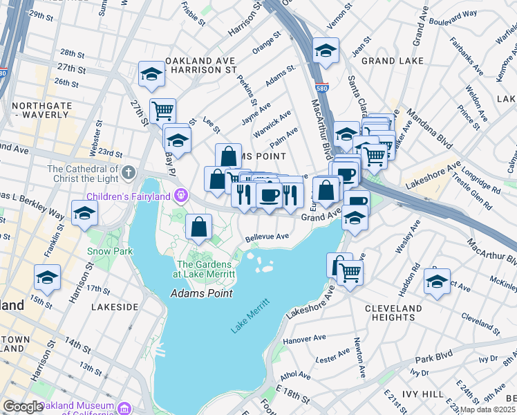map of restaurants, bars, coffee shops, grocery stores, and more near 386 Grand Avenue in Oakland