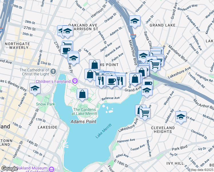 map of restaurants, bars, coffee shops, grocery stores, and more near 386 Grand Avenue in Oakland