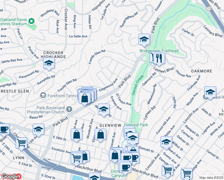 map of restaurants, bars, coffee shops, grocery stores, and more near 4547 Park Boulevard in Oakland