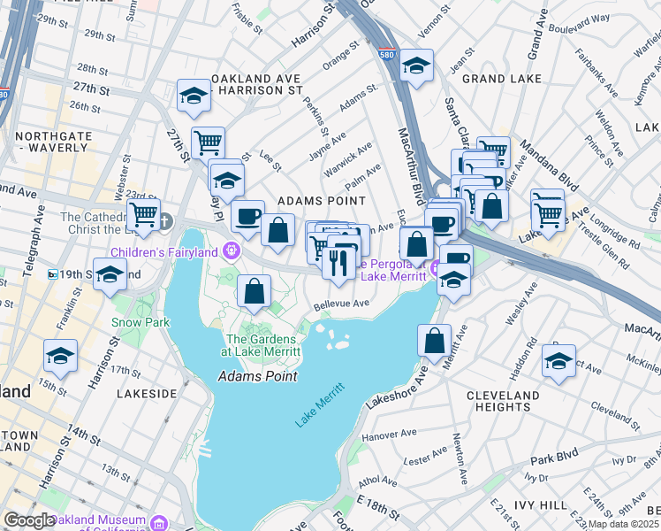 map of restaurants, bars, coffee shops, grocery stores, and more near 370 Grand Avenue in Oakland