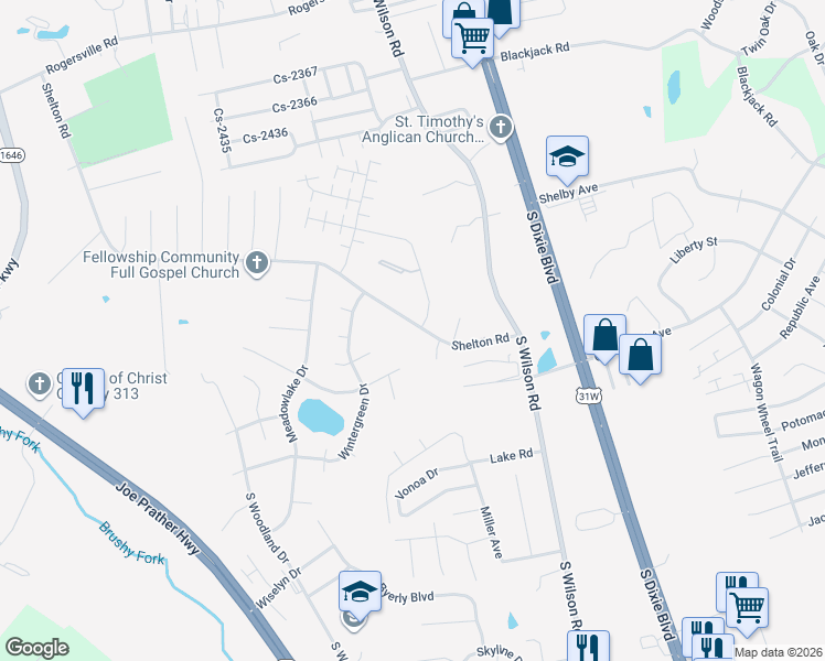 map of restaurants, bars, coffee shops, grocery stores, and more near 266 Shelton Road in Radcliff