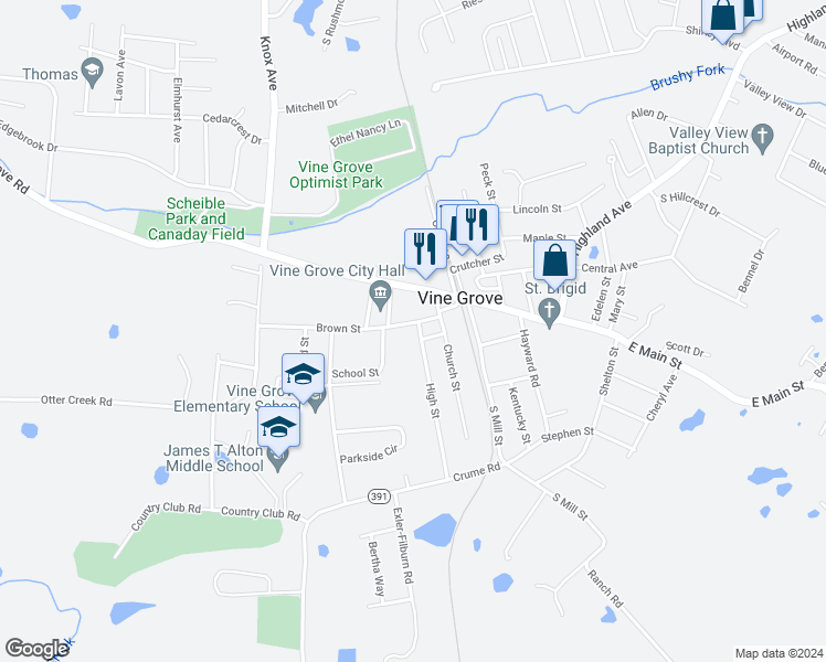 map of restaurants, bars, coffee shops, grocery stores, and more near 201 High Street in Vine Grove
