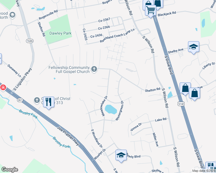 map of restaurants, bars, coffee shops, grocery stores, and more near 120 Meadowlake Drive in Radcliff