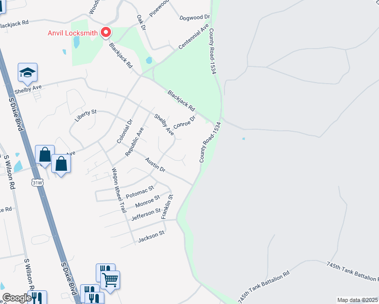 map of restaurants, bars, coffee shops, grocery stores, and more near 110-198 Landis Court in Radcliff
