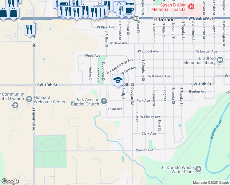 map of restaurants, bars, coffee shops, grocery stores, and more near 1421 West Towanda Avenue in El Dorado