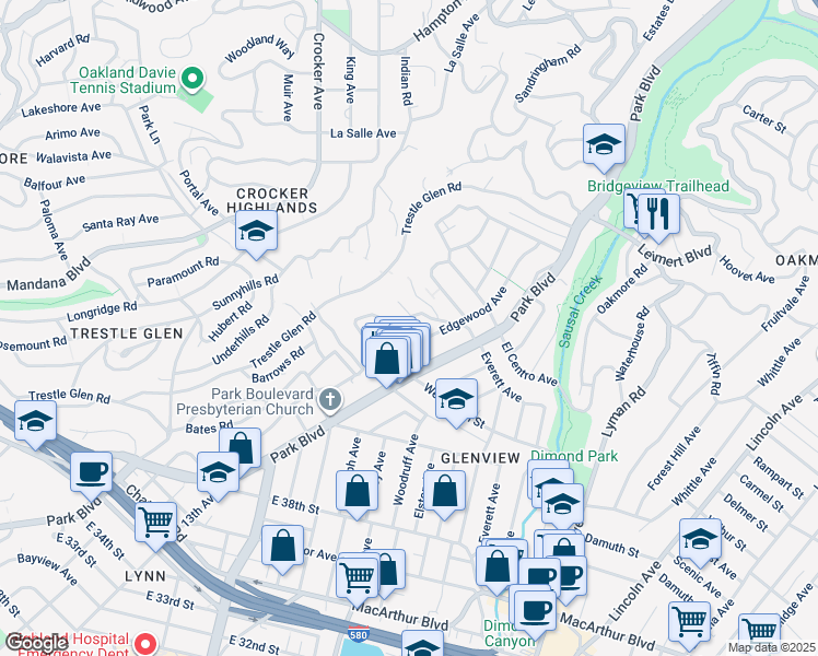 map of restaurants, bars, coffee shops, grocery stores, and more near 4339 Edgewood Avenue in Oakland