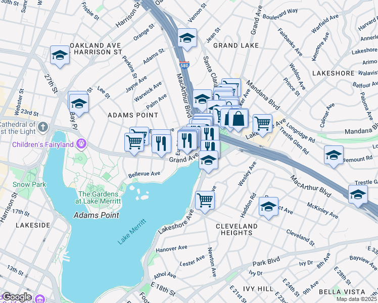 map of restaurants, bars, coffee shops, grocery stores, and more near 599 El Embarcadero in Oakland