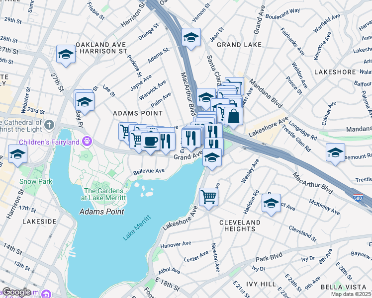 map of restaurants, bars, coffee shops, grocery stores, and more near 401 Burk Street in Oakland