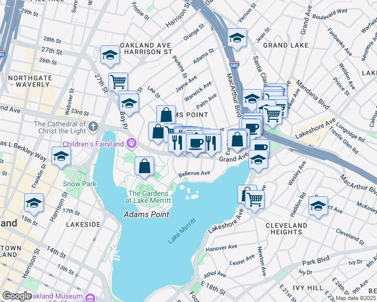 map of restaurants, bars, coffee shops, grocery stores, and more near 386 Grand Avenue in Oakland