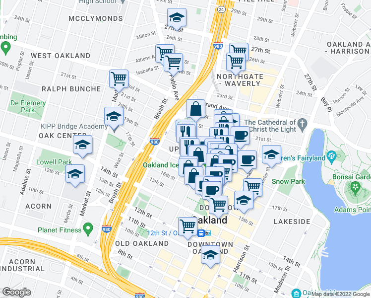 map of restaurants, bars, coffee shops, grocery stores, and more near in Oakland