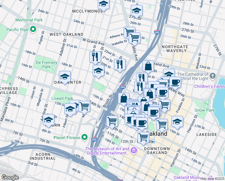 map of restaurants, bars, coffee shops, grocery stores, and more near 1703 Brush Street in Oakland