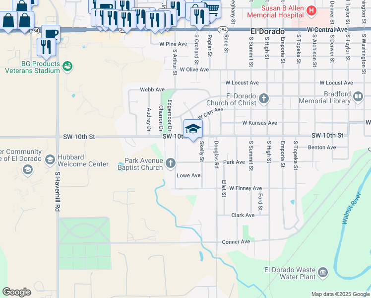 map of restaurants, bars, coffee shops, grocery stores, and more near 1421 West Towanda Avenue in El Dorado