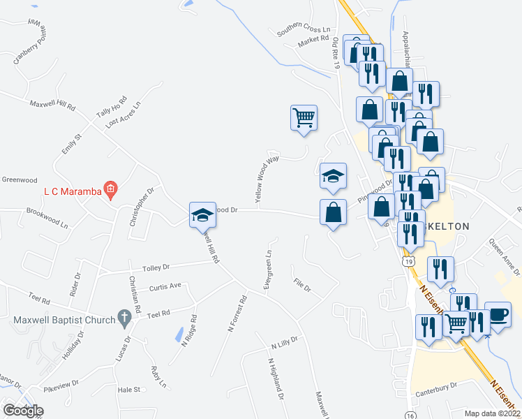 map of restaurants, bars, coffee shops, grocery stores, and more near 260 Pinewood Drive in Beckley