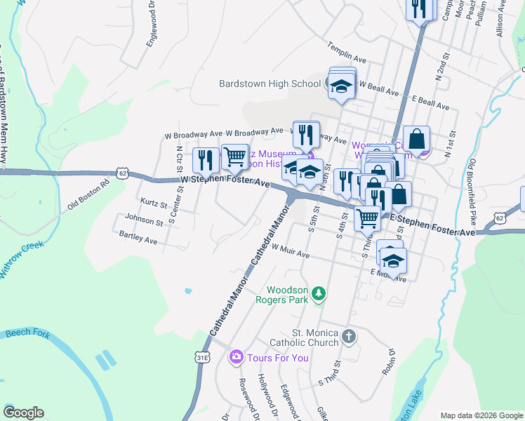 map of restaurants, bars, coffee shops, grocery stores, and more near 124 Barton Road in Bardstown