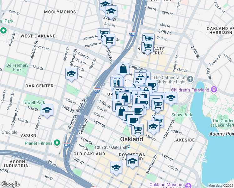 map of restaurants, bars, coffee shops, grocery stores, and more near in Oakland