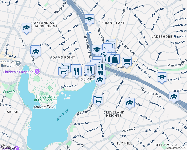 map of restaurants, bars, coffee shops, grocery stores, and more near 599 El Embarcadero in Oakland