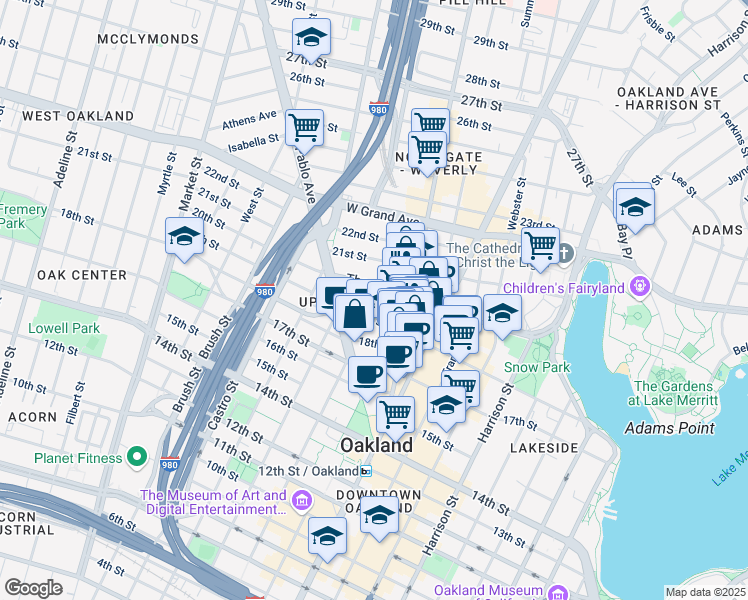 map of restaurants, bars, coffee shops, grocery stores, and more near 500 William Street in Oakland