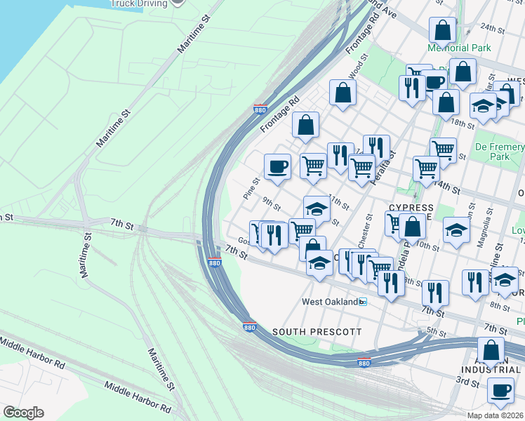 map of restaurants, bars, coffee shops, grocery stores, and more near 867 Wood Street in Oakland