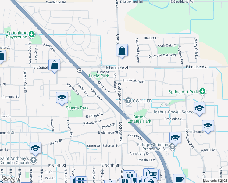 map of restaurants, bars, coffee shops, grocery stores, and more near 921 Alfonso Lane in Manteca
