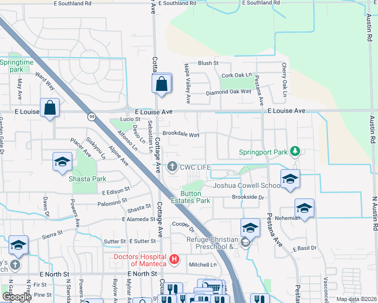 map of restaurants, bars, coffee shops, grocery stores, and more near 1455 Deer Creek Court in Manteca
