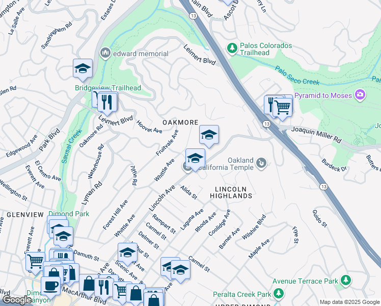 map of restaurants, bars, coffee shops, grocery stores, and more near 4282 Whittle Avenue in Oakland