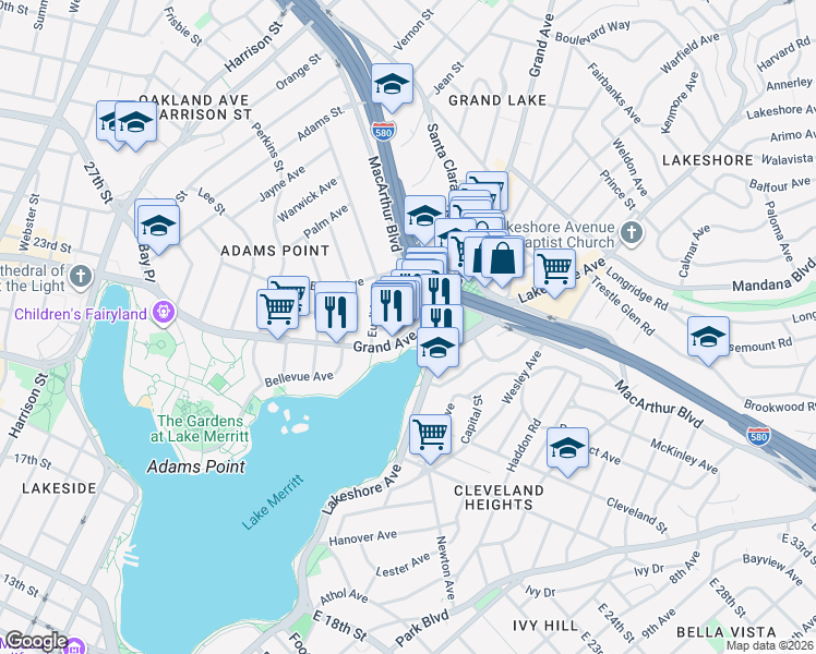 map of restaurants, bars, coffee shops, grocery stores, and more near 570 Grand Avenue in Oakland