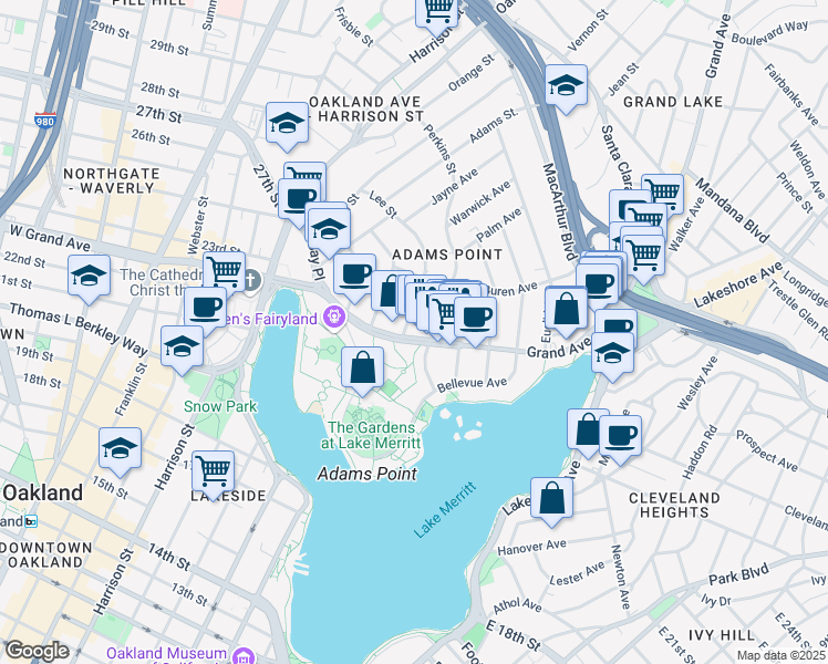 map of restaurants, bars, coffee shops, grocery stores, and more near in Oakland