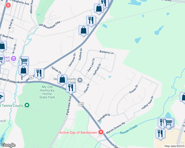 map of restaurants, bars, coffee shops, grocery stores, and more near 106 Daffodil Drive in Bardstown