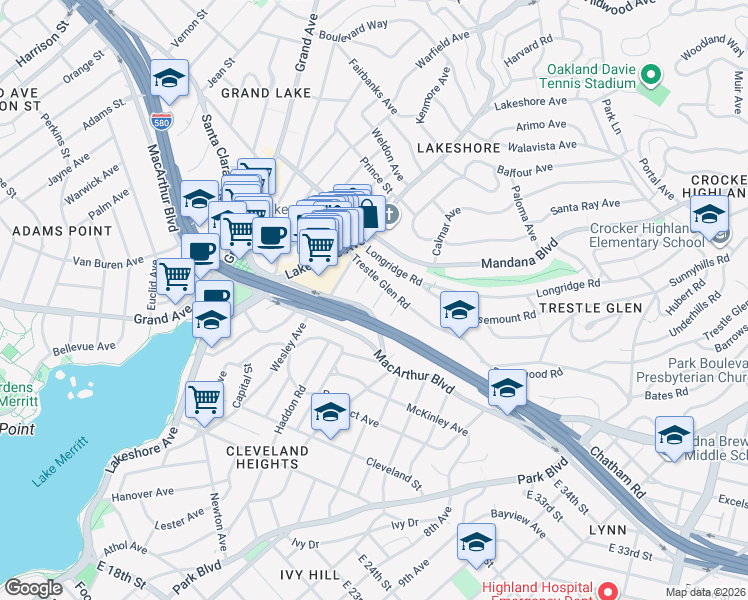 map of restaurants, bars, coffee shops, grocery stores, and more near 668 Brookwood Place in Oakland