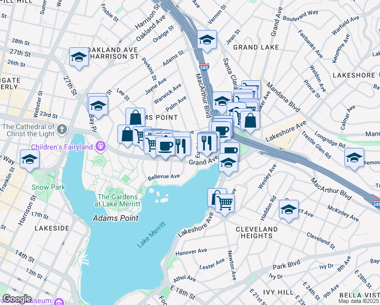 map of restaurants, bars, coffee shops, grocery stores, and more near 440 Grand Avenue in Oakland