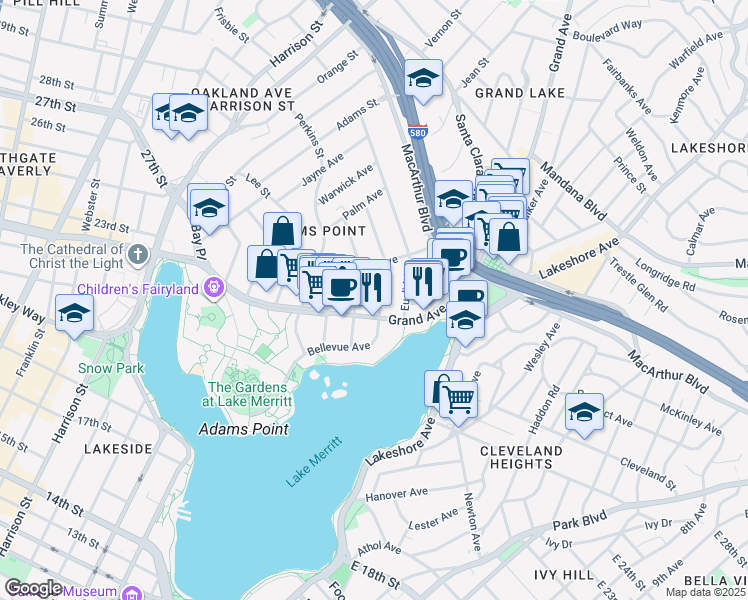 map of restaurants, bars, coffee shops, grocery stores, and more near 440 Grand Avenue in Oakland
