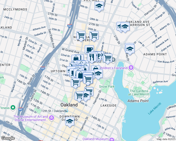 map of restaurants, bars, coffee shops, grocery stores, and more near 1970 Broadway in Oakland