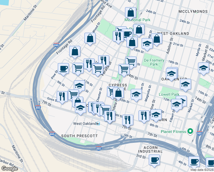 map of restaurants, bars, coffee shops, grocery stores, and more near 1120 Center Street in Oakland