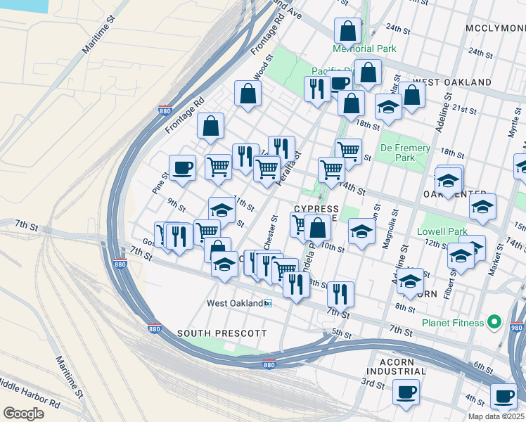 map of restaurants, bars, coffee shops, grocery stores, and more near 1033 Chester Street in Oakland