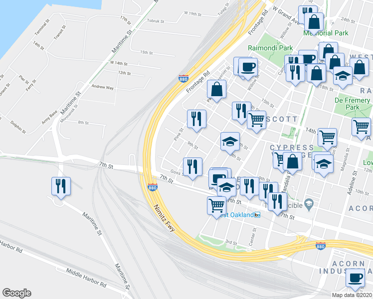 map of restaurants, bars, coffee shops, grocery stores, and more near 864 Wood Street in Oakland