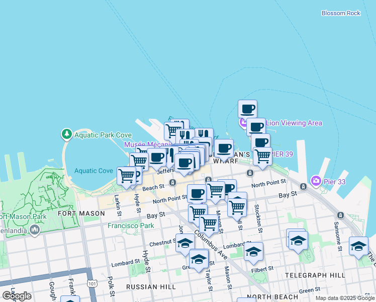 map of restaurants, bars, coffee shops, grocery stores, and more near 45 Sausalito - San Francisco Pier 41 in San Francisco