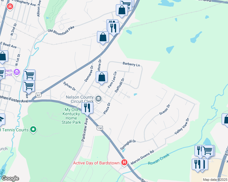 map of restaurants, bars, coffee shops, grocery stores, and more near 104 Daffodil Drive in Bardstown