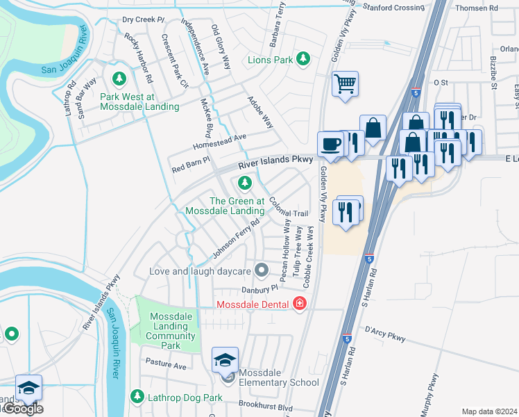 map of restaurants, bars, coffee shops, grocery stores, and more near 16757 Victorian Trail in Lathrop