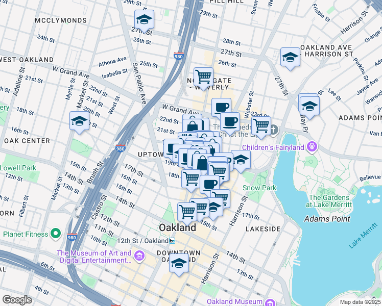 map of restaurants, bars, coffee shops, grocery stores, and more near 1951 Telegraph Avenue in Oakland