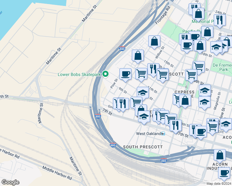 map of restaurants, bars, coffee shops, grocery stores, and more near 860 McElroy Street in Oakland