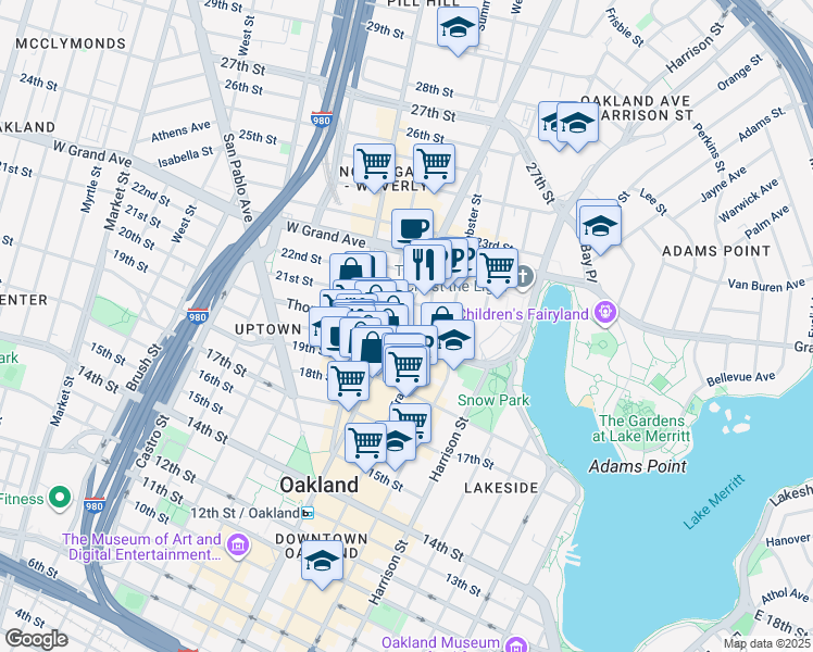 map of restaurants, bars, coffee shops, grocery stores, and more near 2000 Broadway in Oakland