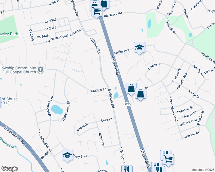 map of restaurants, bars, coffee shops, grocery stores, and more near 2399 South Wilson Road in Radcliff